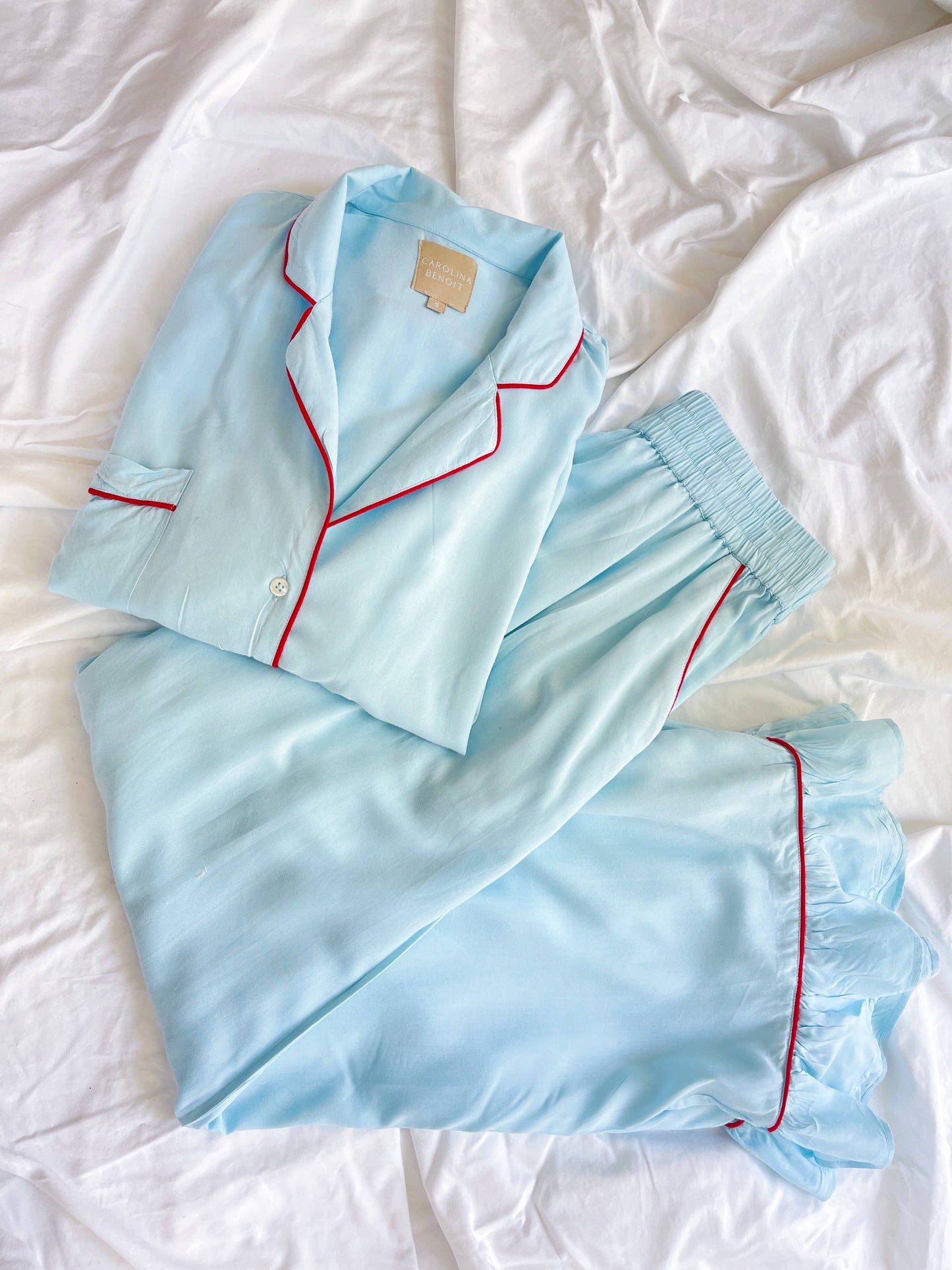 Baby Blue ruffles with red pipping pajama set
