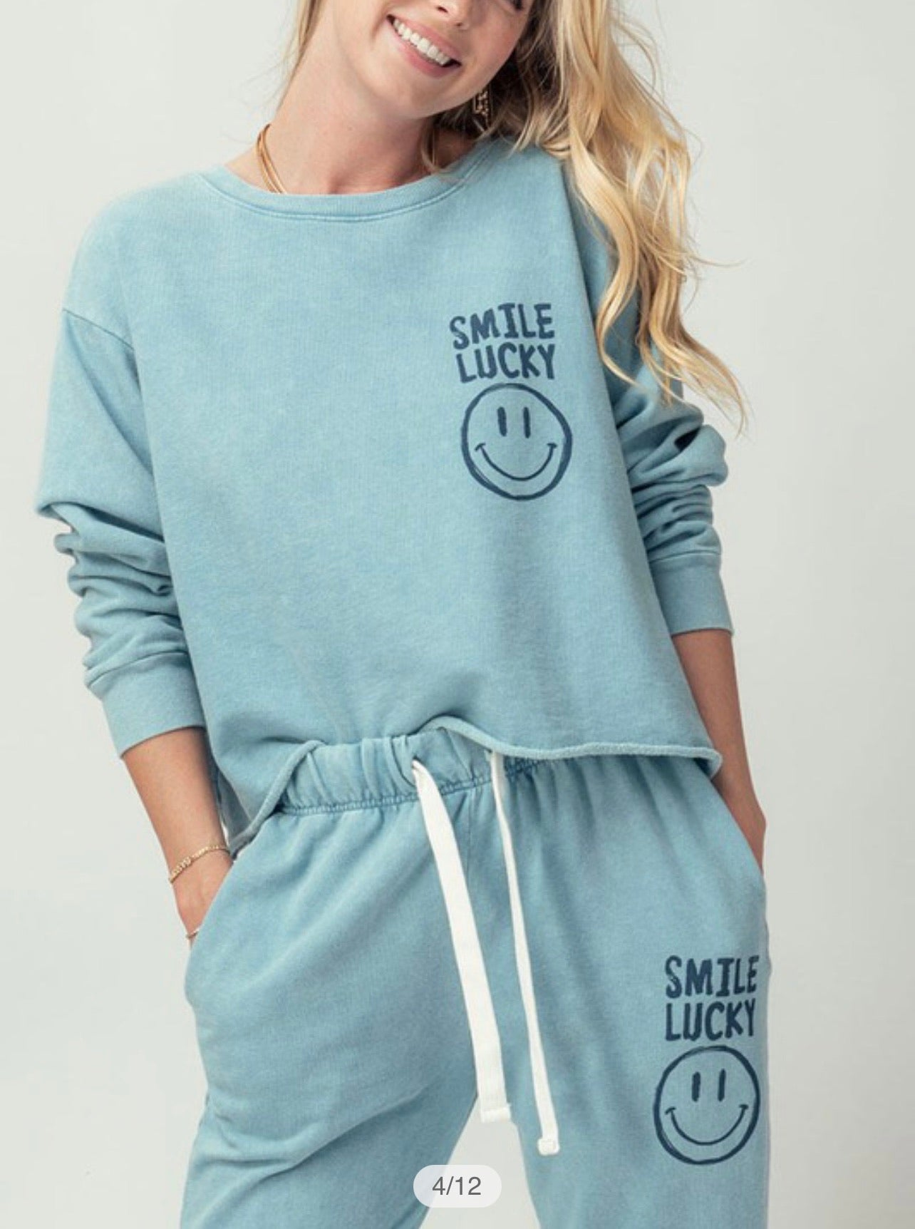 Acid blue wash smile sweatshirt & pant set
