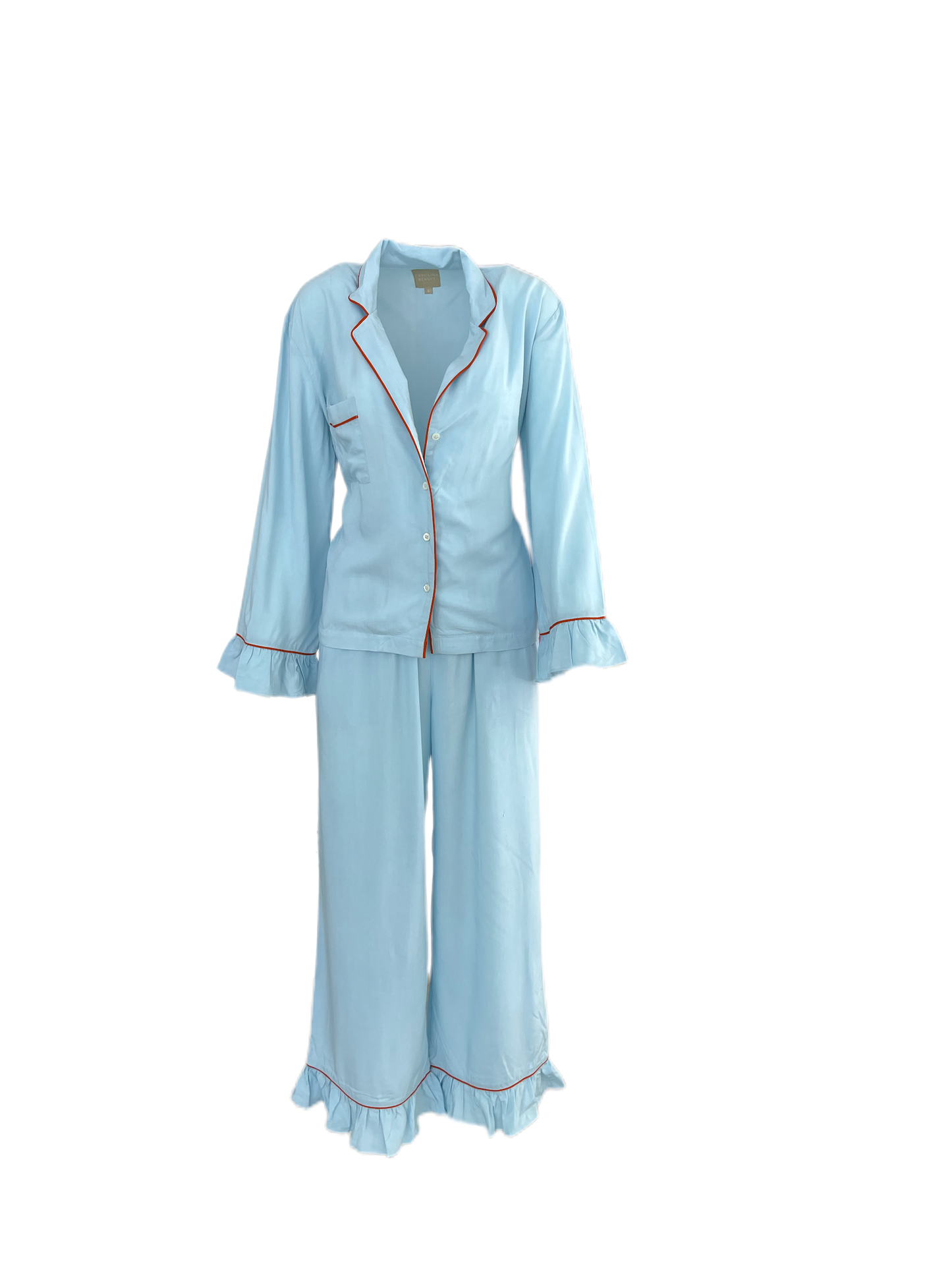 Baby Blue ruffles with red pipping pajama set