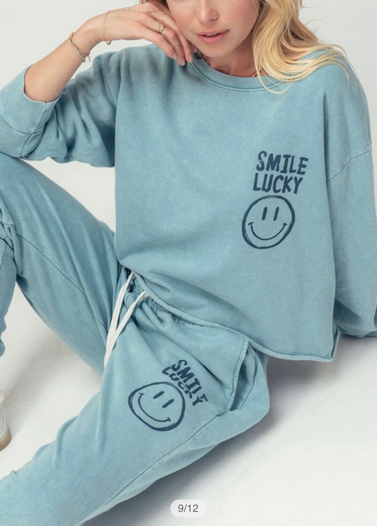 Acid blue wash smile sweatshirt & pant set